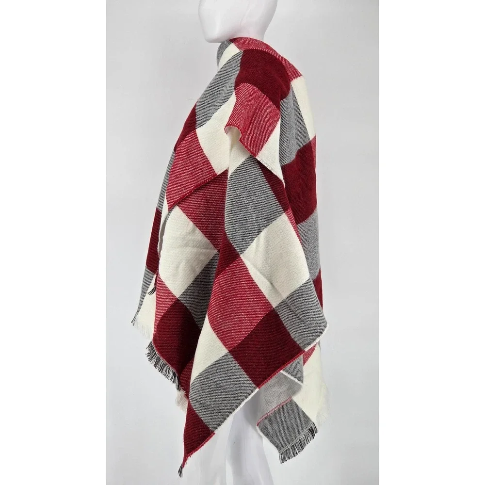 Banana Republic Blanket Shawl‎ Wrap with Fringe - Red, Black, & White Plaid